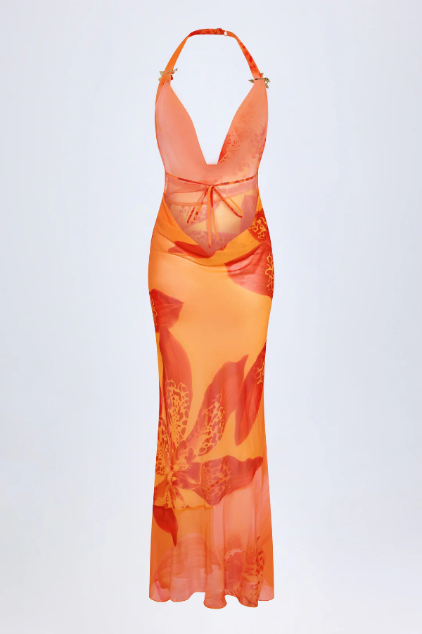 Unique Print Halter Neck Backless Sexy Slit Holiday Maxi Dress-consonak