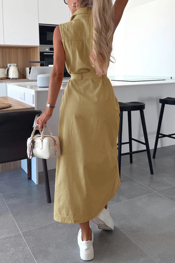 Solid Color Sleeveless Single Breasted Waist Tie Casual Pocket Denim Midi Dress | Consonak