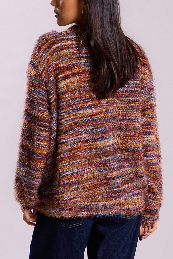 Fashionable Mixed Color Loose V-neck Casual Knit Cardigan-consonak