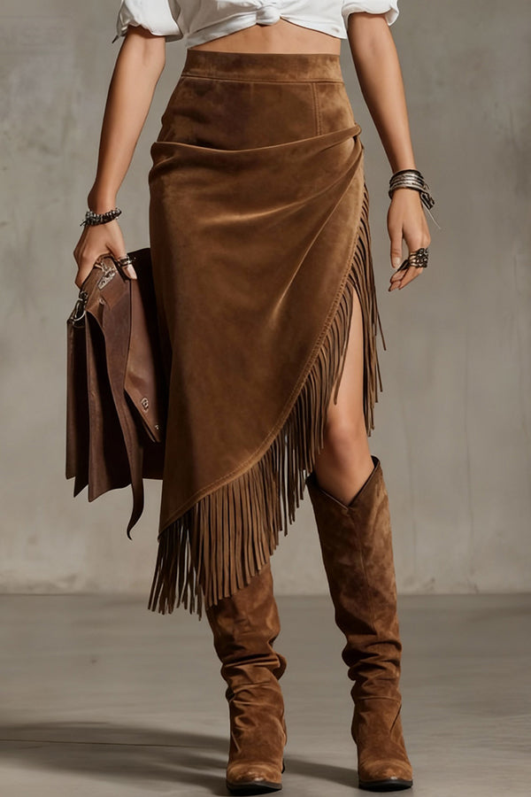Fashionable Suede Tassel Irregular Casual Midi Skirt-consonak