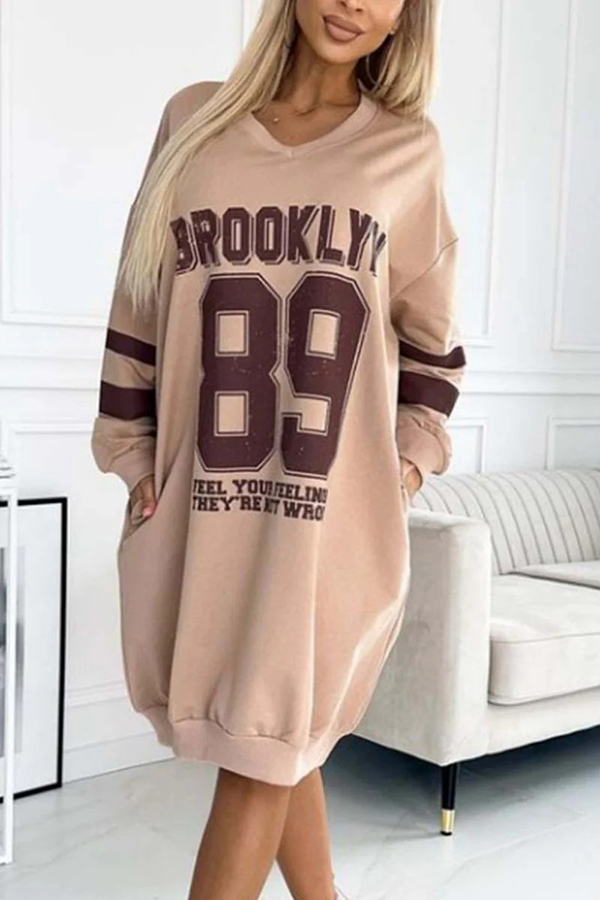 Sporty Jersey Style Digital Print Long Sleeve Pocket Sweatshirt Mini Dress-consonak
