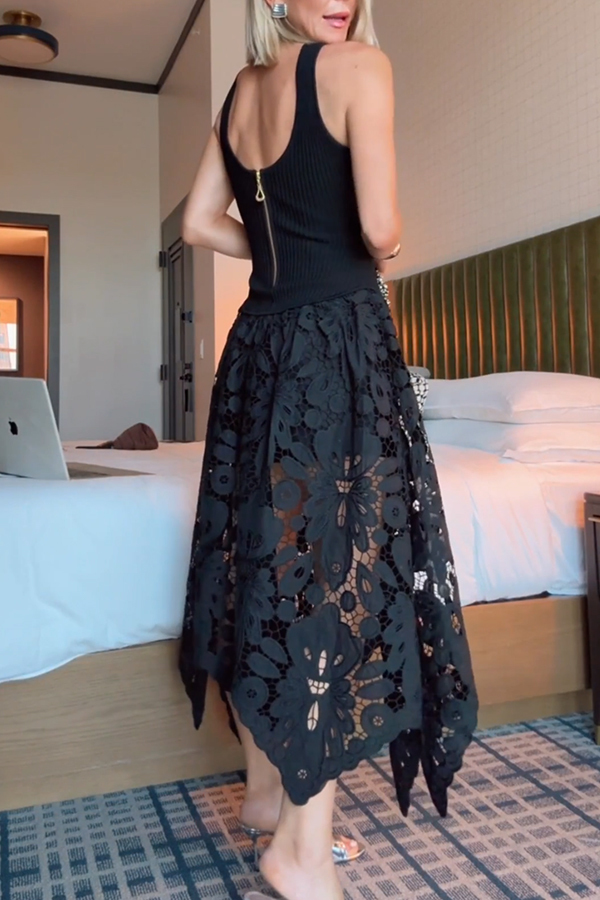 Atlas Asymmetric Ribbed-knit and Guipure Lace Back Zipper Midi Dress-consonak