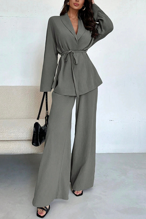 Solid Color Collared Long-sleeved Tie-waist Loose Top and Elastic Waist Casual Wide-leg Pants Set-consonak