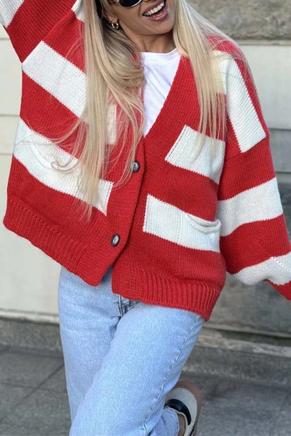 Casual V-neck Long-sleeved Striped Pocket Knitted Cardigan-consonak
