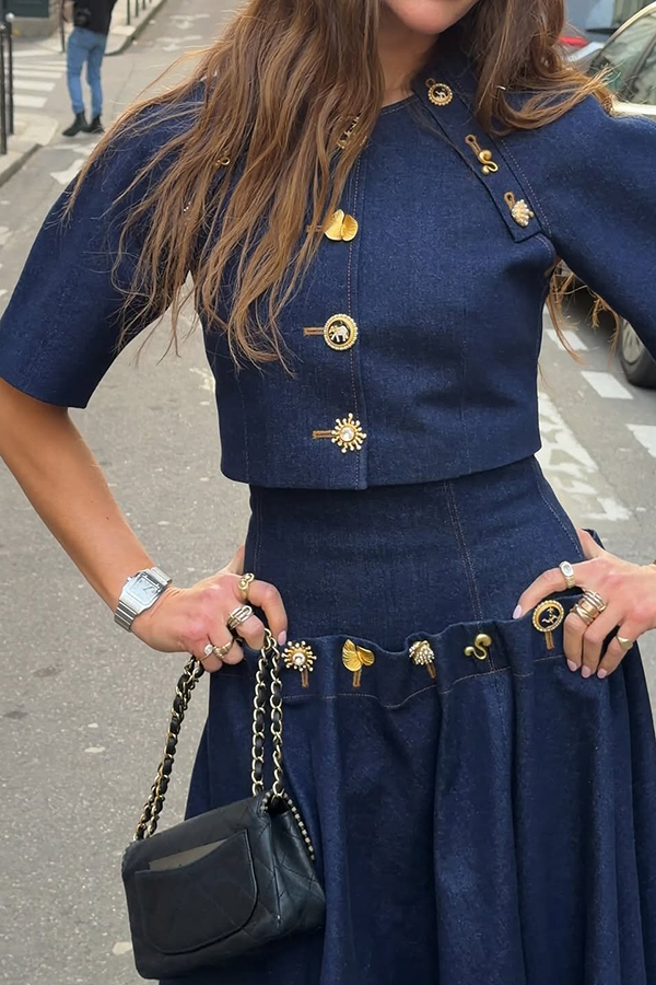Custom Look Denim Unique Metal Pattern Buttons Slit Half Sleeve Crop Jacket | Consonak