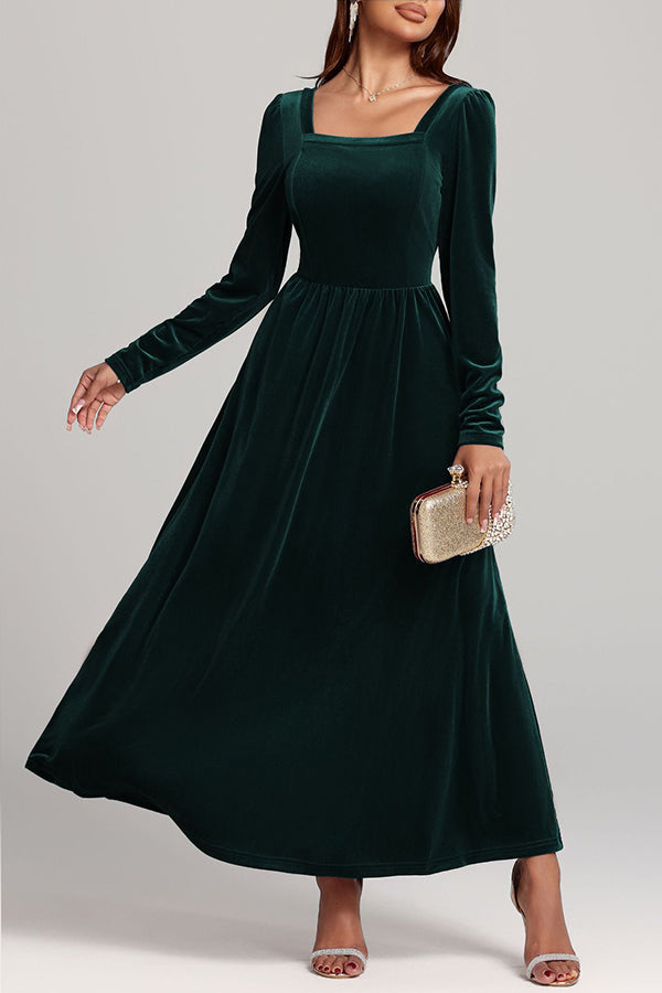 Solid Color Velvet Square Neck Long Sleeve Elegant Maxi Dress-consonak