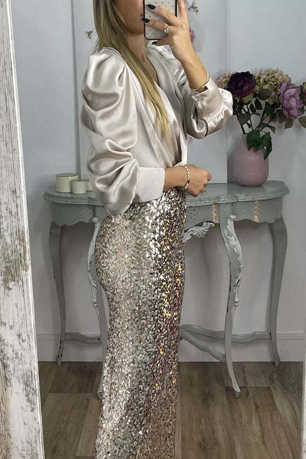 Perfectly Adored Satin Crossover Neckline Puff Sleeve Blouse-consonak