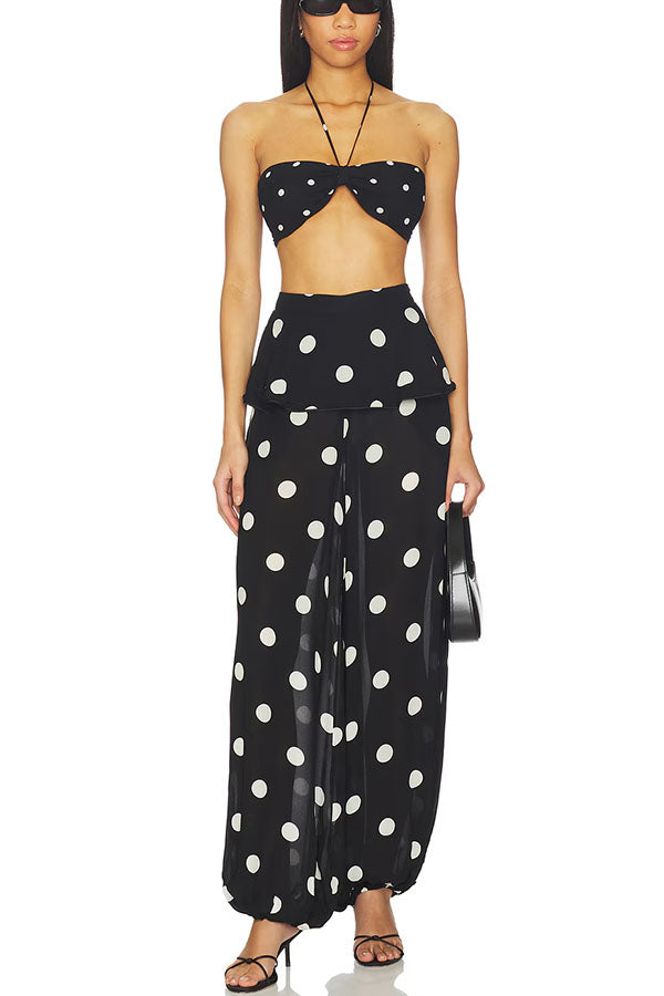Adriana Polka Dot Bandeau Halter Top and Elastic Waist Pocket Skirt Hem Balloon Pants Set