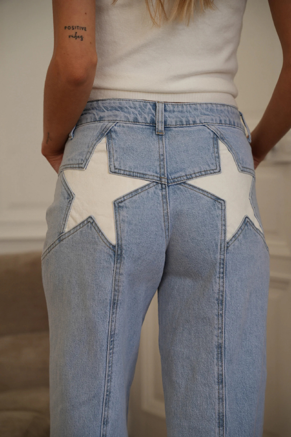 Stylish Denim Colorblock Star Patterned Mid Waist Pocket Wide Leg Jeans-consonak