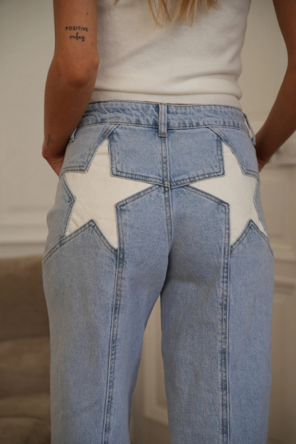 Stylish Denim Colorblock Star Patterned Mid Waist Pocket Wide Leg Jeans