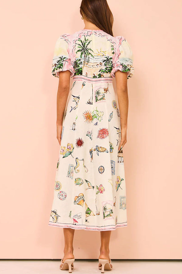European Summer Sunset Linen Blend Unique Print Puff Sleeve Midi Dress-consonak