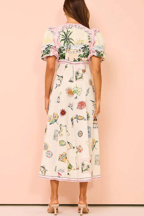 European Summer Sunset Linen Blend Unique Print Puff Sleeve Midi Dress-consonak
