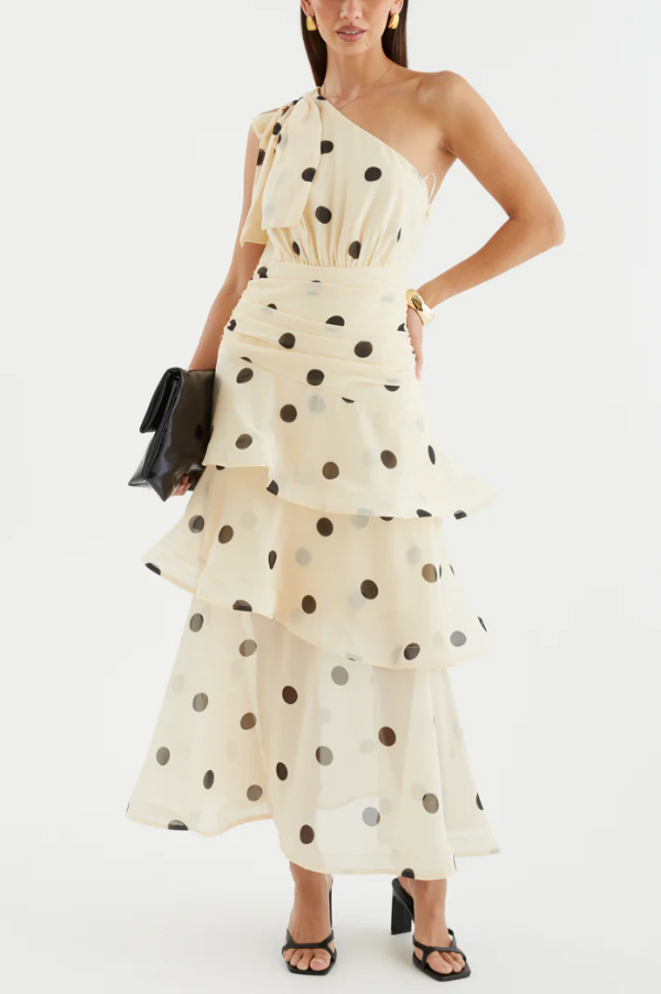 Fashionable Polka Dot Print One-shoulder Sleeveless Layered Mesh Maxi Dress | Consonak