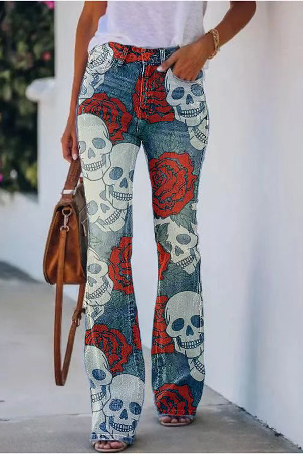 On A Drive Printed Faux Denim High Rise Flare Pants | Consonak