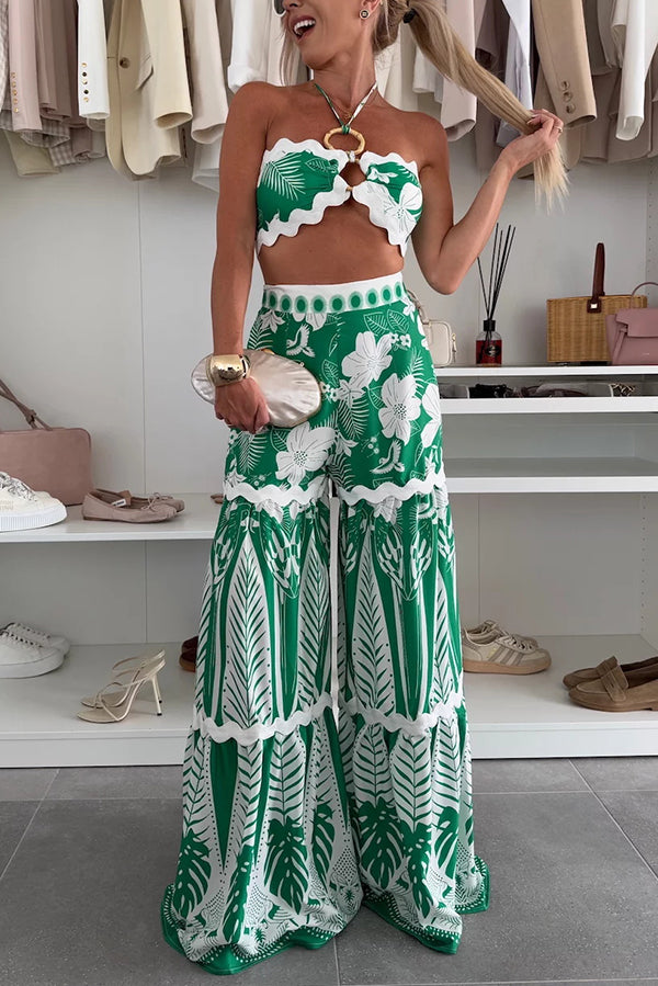 Cassie Ric Rac Trims Unique Print Halter Ring Tank and High Rise Wide Leg Pants Set | Consonak