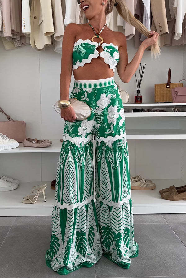 Cassie Ric Rac Trims Unique Print Halter Ring Tank and High Rise Wide Leg Pants Set-consonak