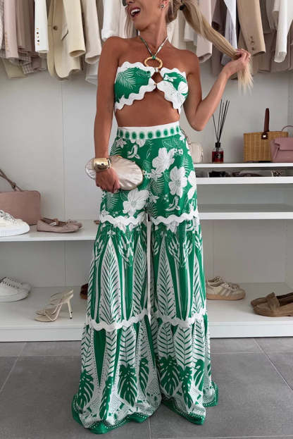 Cassie Ric Rac Trims Unique Print Halter Ring Tank and High Rise Wide Leg Pants Set-consonak