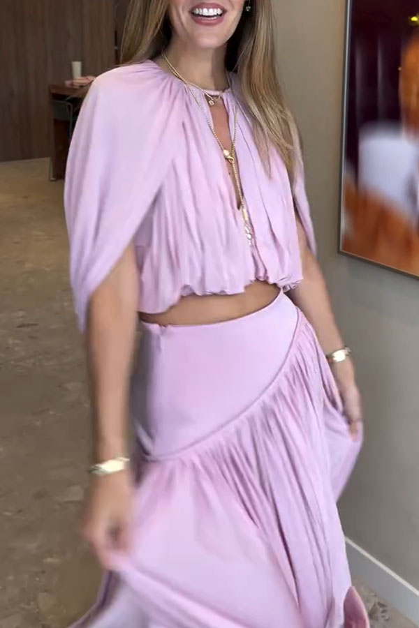 Venus Cutout Neck Slit Sleeve Crop Ruched Top and High Rise Pleated Maxi Skirt Set-consonak