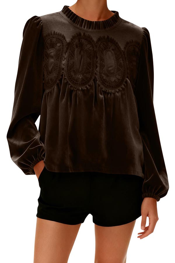Fashionable Velvet and Lace Patchwork Loose Long-sleeved Top-consonak