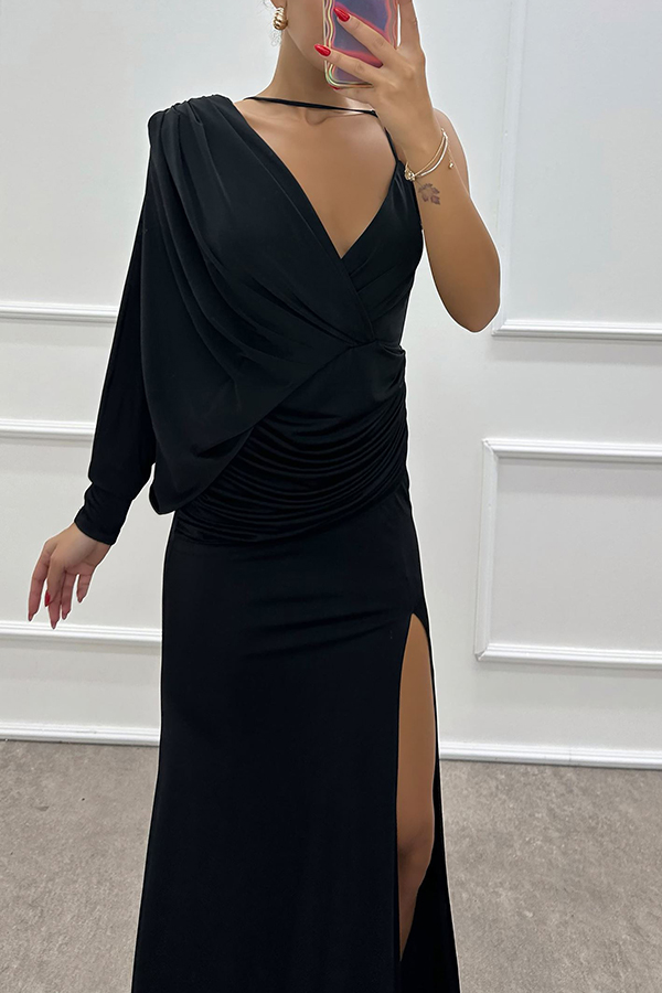 Like Venus One Shoulder Bat Sleeve Ruched Detail Slit Gown Maxi Dress-consonak