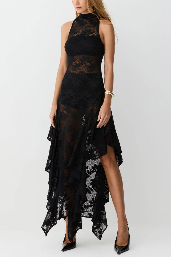 Fashionable Sheer Lace Sleeveless Fitted Ruffled Irregular Midi Dress