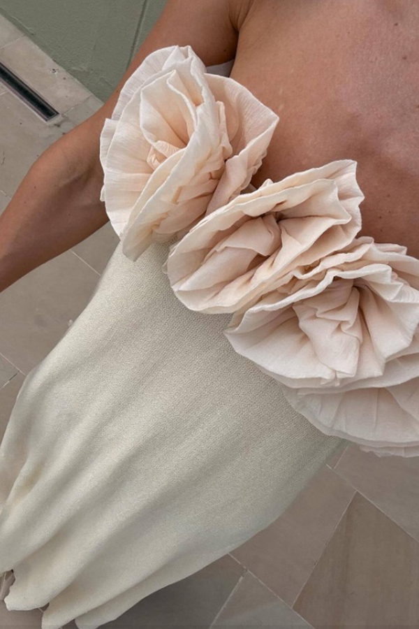 Blooming Chic Flower Applique Elastic Off Shoulder Strapless Maxi Dress-consonak