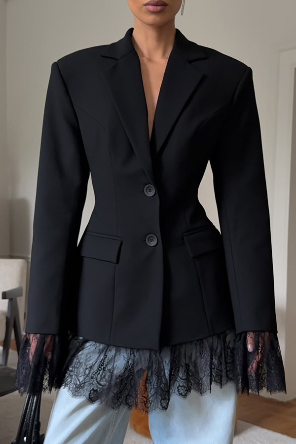 Solid Color Lace Panel Long Sleeve Button Elegant Blazer-consonak