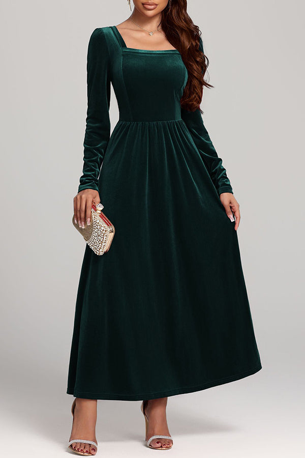 Solid Color Velvet Square Neck Long Sleeve Elegant Maxi Dress-consonak