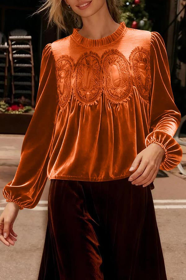 Fashionable Velvet and Lace Patchwork Loose Long-sleeved Top-consonak