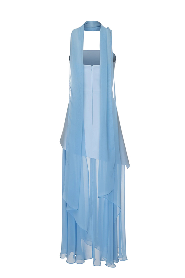 Monaco Off Shoulder Structured Top Chiffon Slit Hem Scarf Maxi Dress | Consonak