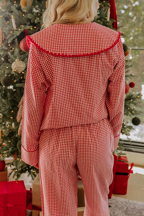 Nutcracker Charm Embroidered Gingham Loose Shirt and Elastic Waist Pajama Set-consonak