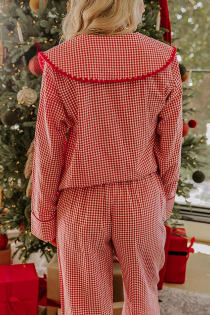 Nutcracker Charm Embroidered Gingham Loose Shirt and Elastic Waist Pajama Set-consonak