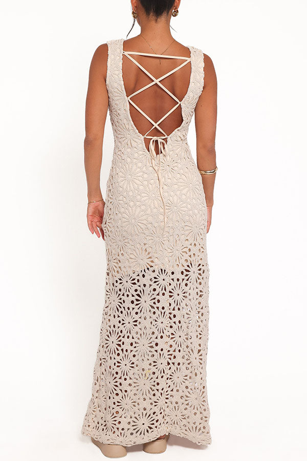 Effortlessly Chic Crochet Lace Floral Pattern Backless Lace-up Vacation Maxi Dress