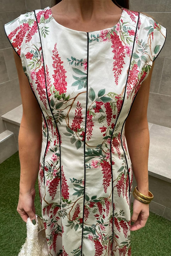 Kaydien Linen Blend Floral Print Contrast Princess Line Short Sleeve Maxi Dress-consonak