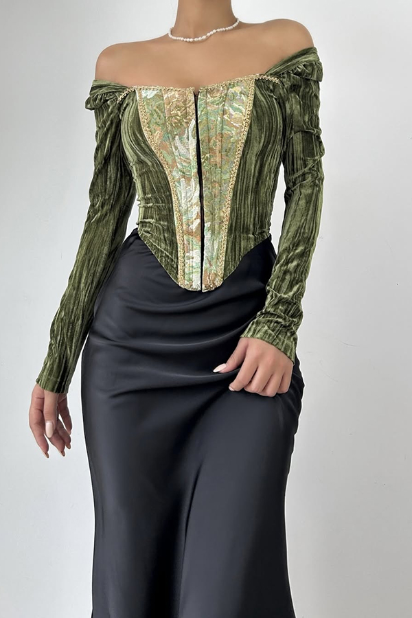 Oil Painting Style Elegant Strapless Slim-fit Fishbone Top-consonak