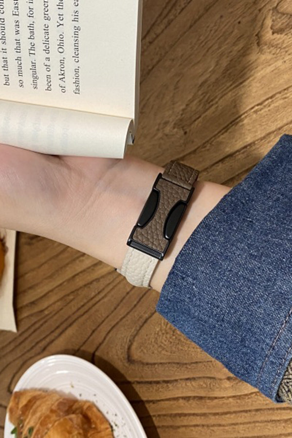 Fashionable Genuine Leather Lychee Pattern Double C Magnetic Buckle Watch Strap-consonak