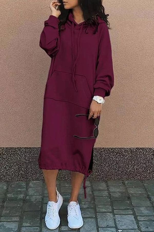 Solid Color Casual Hooded Lace-up Pocket Sweatshirt Style Midi Dress-consonak