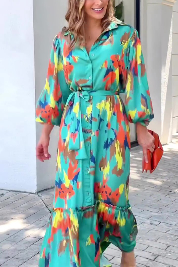 Multicolor Printed Lapel Balloon Sleeves Tie-waist Maxi Dress-consonak