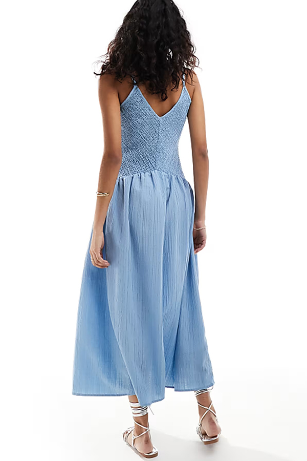 Fashionable V-neck Patchwork Smocked Sleeveless Suspender Midi Dress-consonak