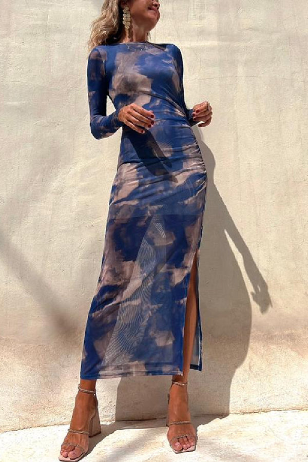 Charm Lady Mesh Overlay Tie Dye Print Long Sleeve Ruched Stretch Midi Dress-consonak