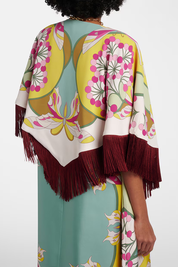 Boho Ethnic-style Floral Pattern Tassel Trim Loose Cape Top-consonak