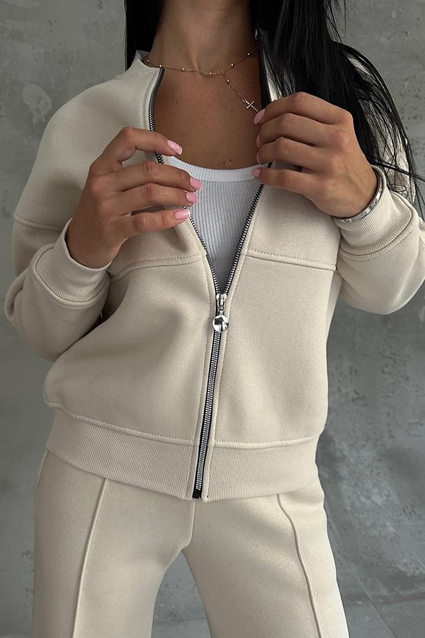 Solid Color Casual Long Sleeve Zipper Jacket and Elastic Waist Pocket Wide Leg Pants Set-consonak