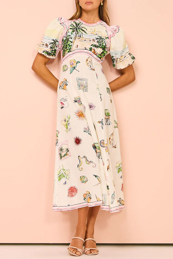 European Summer Sunset Linen Blend Unique Print Puff Sleeve Midi Dress-consonak