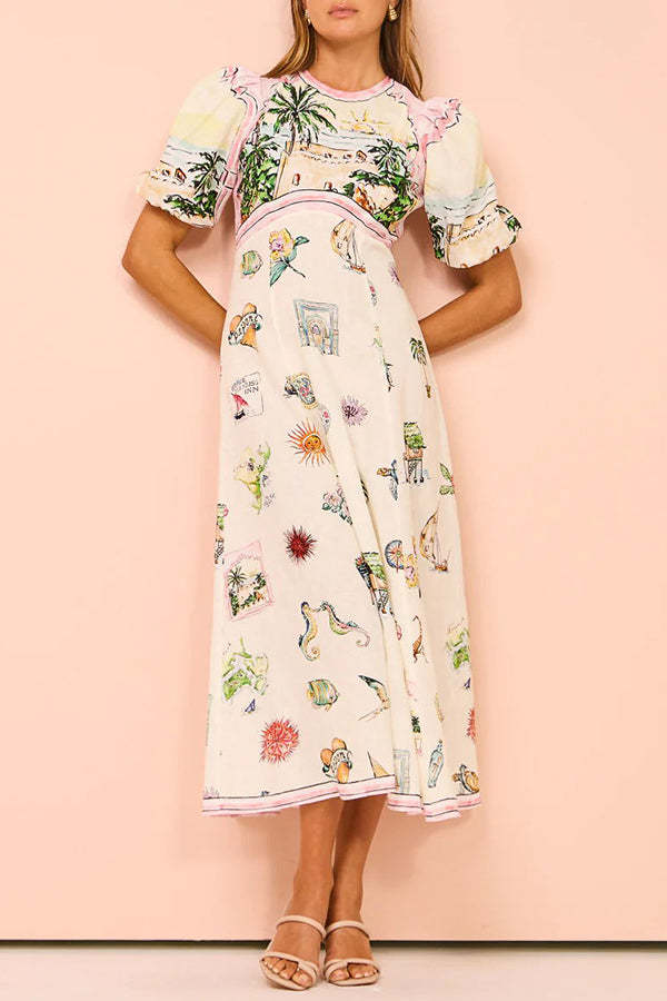 European Summer Sunset Linen Blend Unique Print Puff Sleeve Midi Dress-consonak