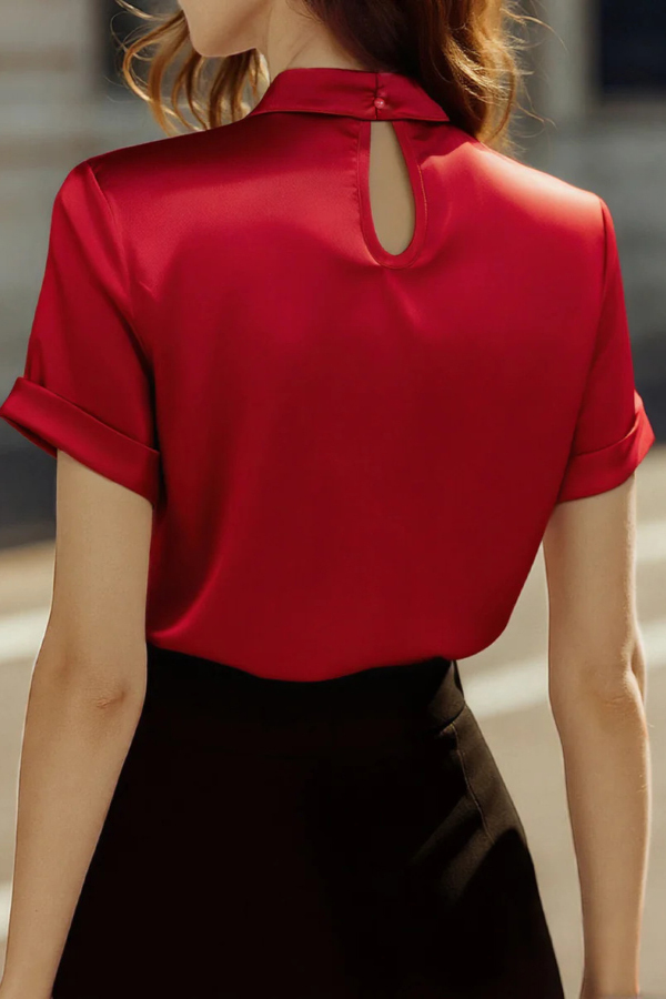 Solid Color Satin Openwork Casual Short-sleeved Shirt-consonak