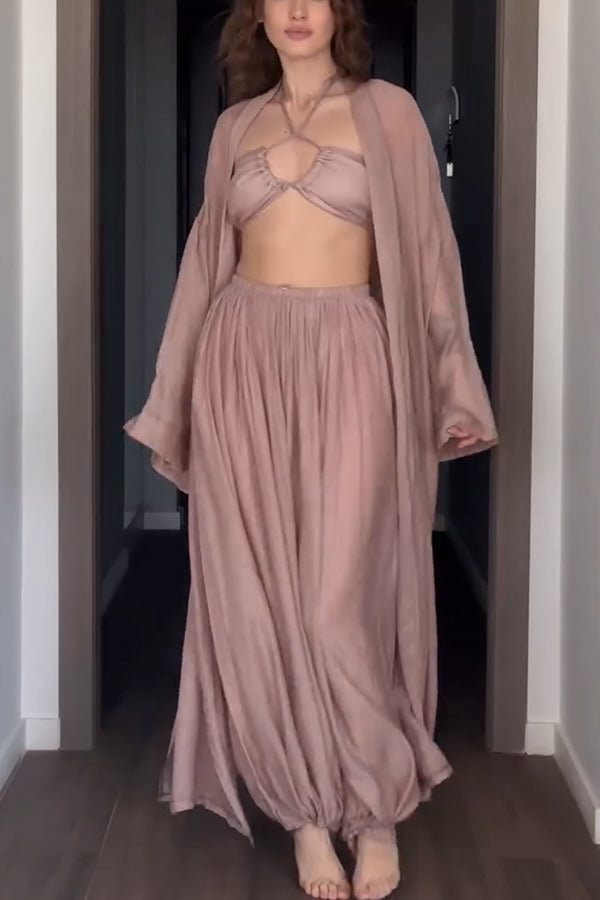 Flowy Linen Blend Halter Tank & Elastic Waist Tie-up Wide Leg Pants & Kimono Cover-Ups 3pieces Set