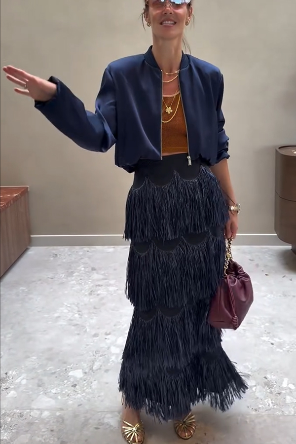 Freestyle Dance Steps Layered Tassels High Rise Back Zipper Slit Maxi Skirt-consonak