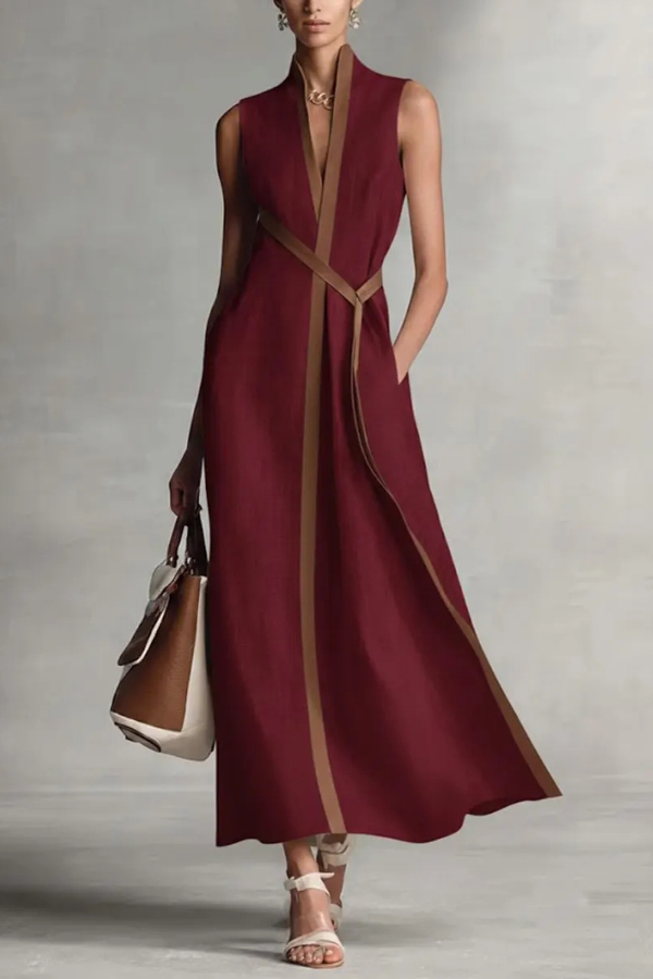 Linen Blend Color-blocked Edging V-neck Sleeveless Loose Maxi Dress