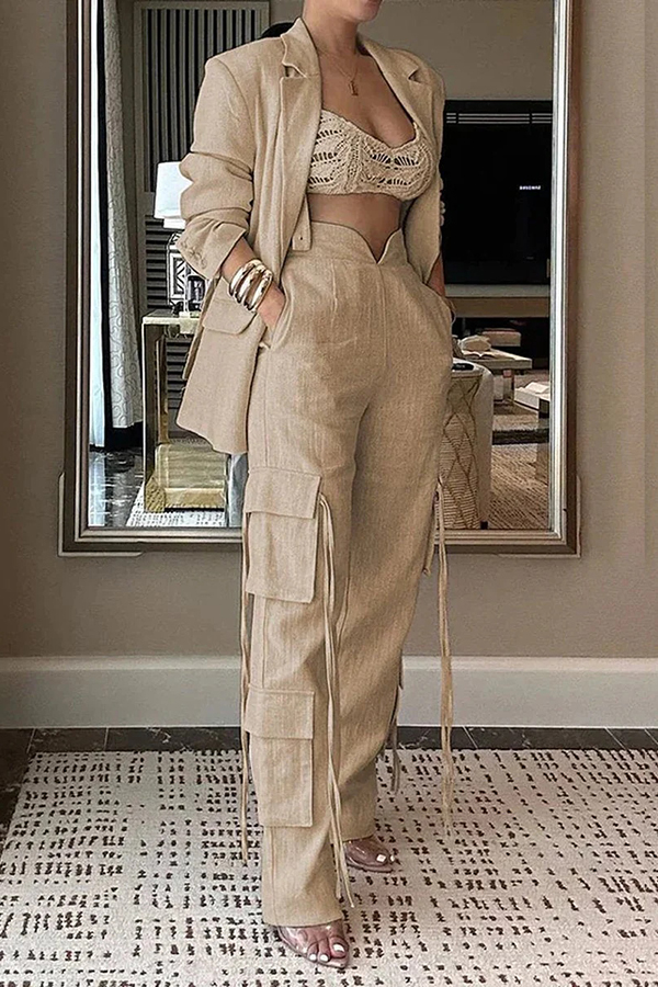 Stylish Lapel Long Sleeve Loose Jacket and Casual Pocket Lace-up Straight Leg Pants Set-consonak