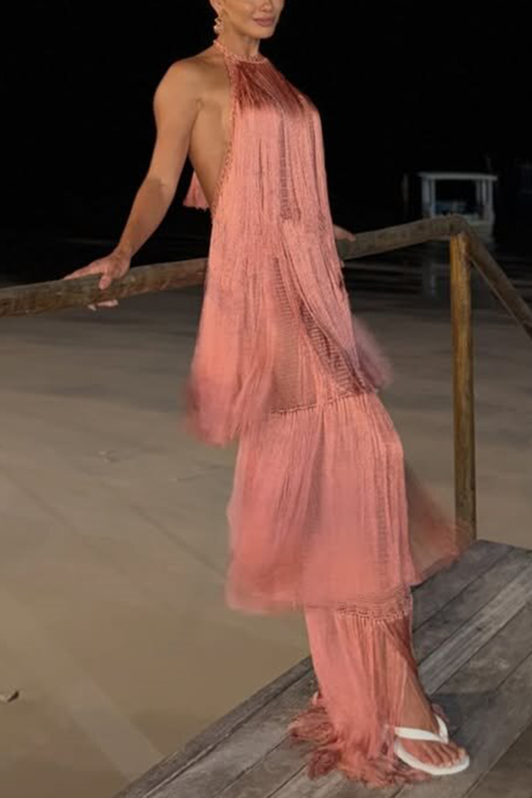 Vacation Icon Layered Tassels Halter Tie-up Open Back Maxi Dress
